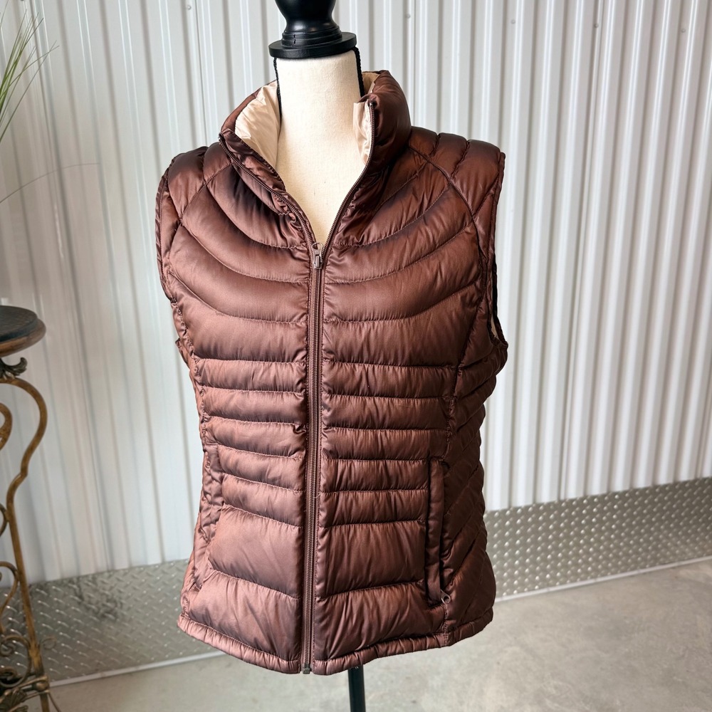 Bernardo Puffer Vest Womens XL Brown Excellent Goose Down Quilted Full Zip Warm